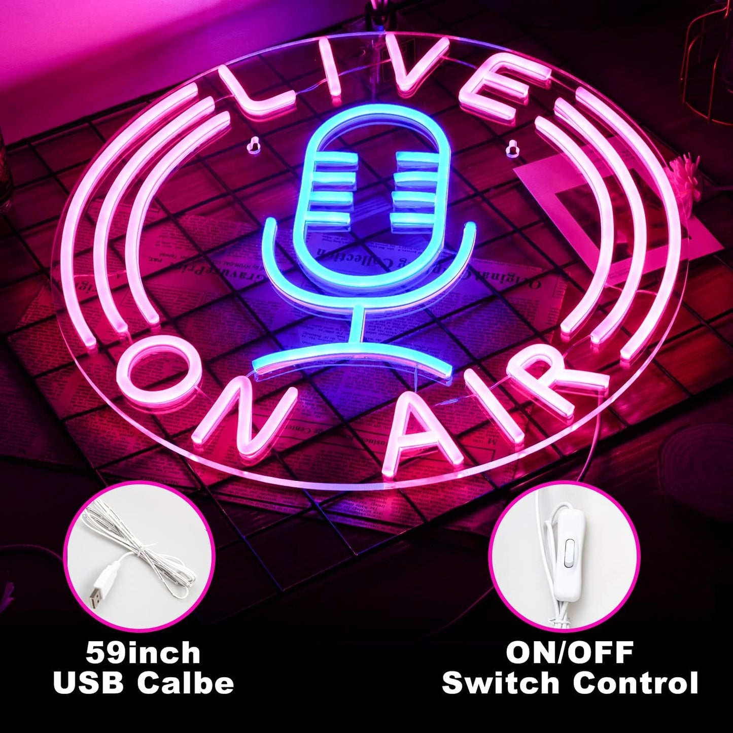 Letrero neón Live On Air USB 12.8x12.8pulg decoración pared