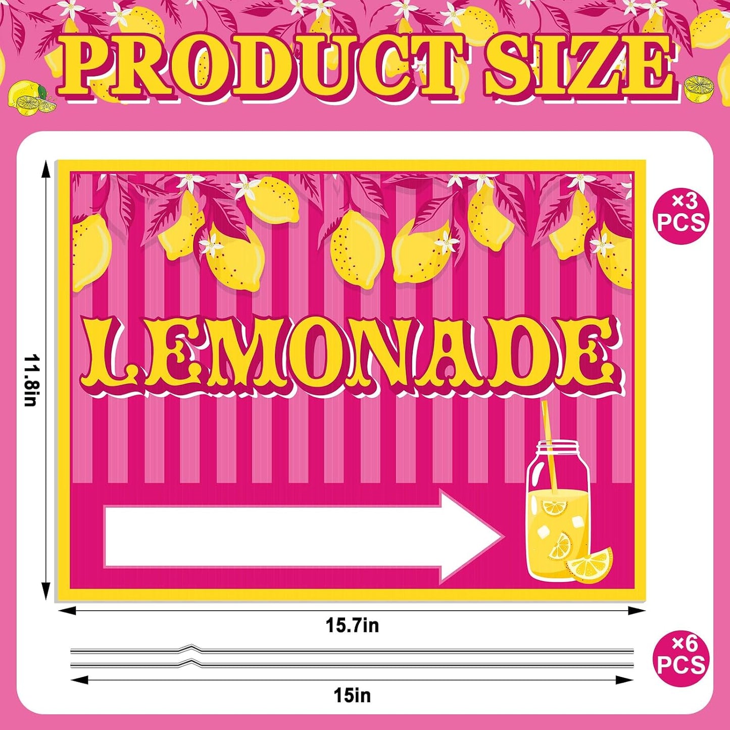 3 Letreros Limonada 12x16" Plástico Corrugado Estilo Rosa