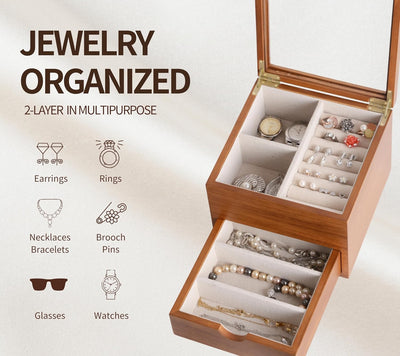 Caja joyas madera maciza 2 capas con tapa vidrio