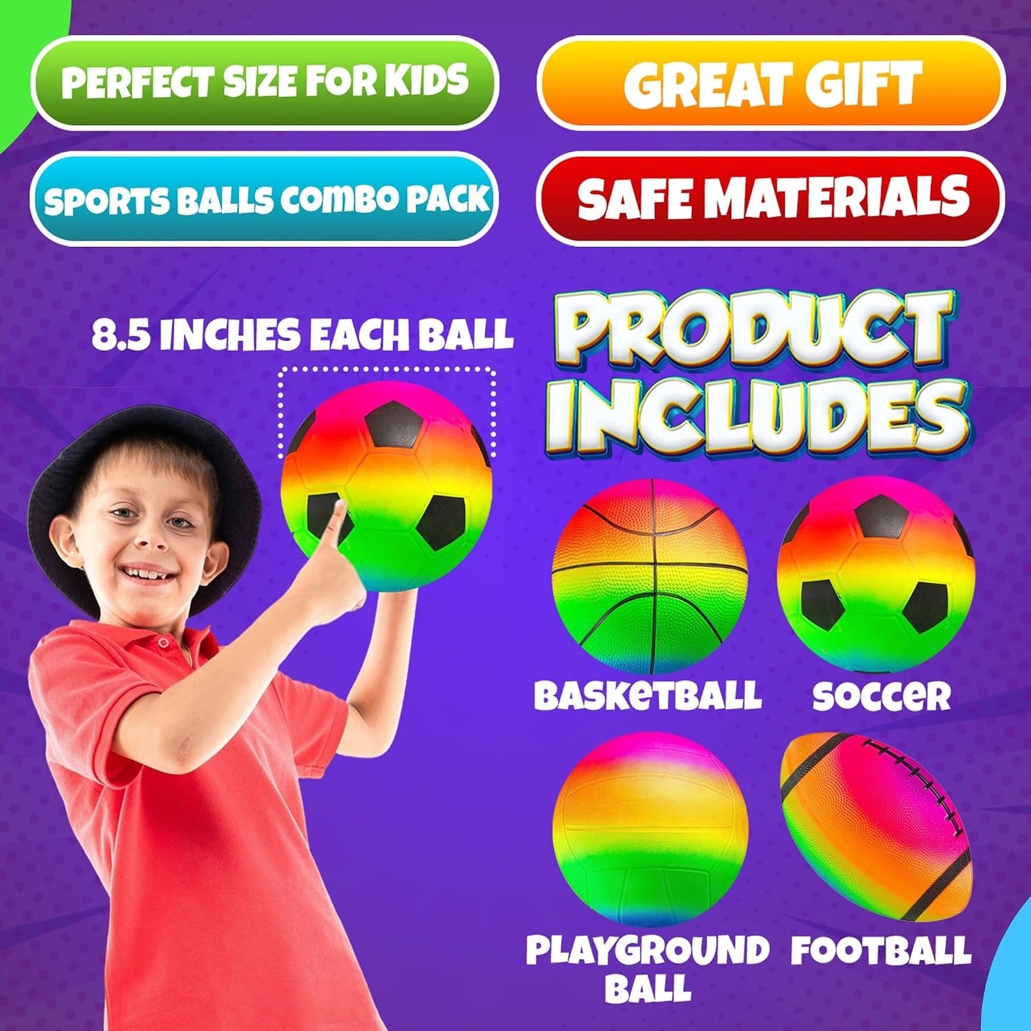 Bolas arcoíris 8.5" set 4 fútbol baloncesto
