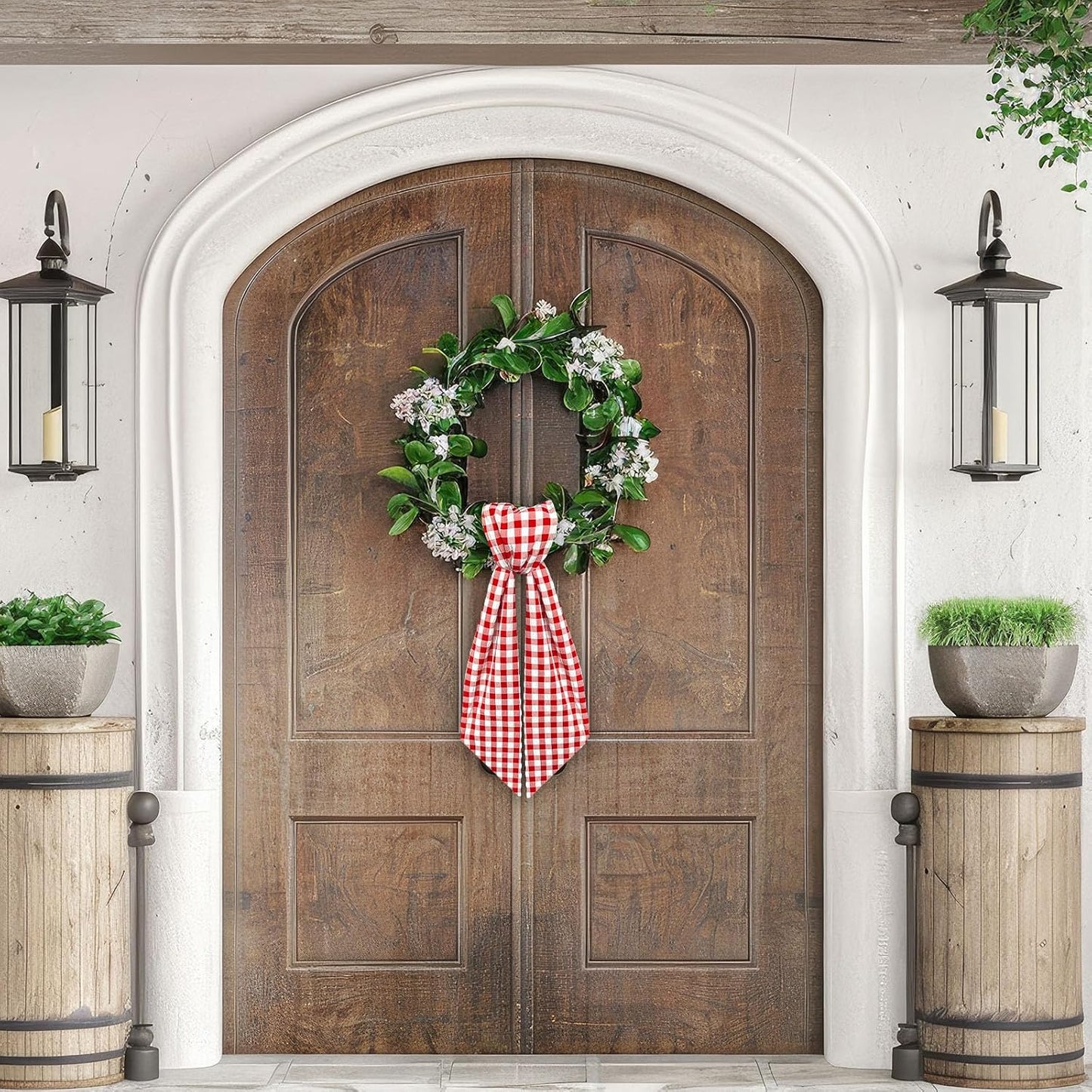 Cinta corona puerta diseño cuadros búfalo rojo blanco