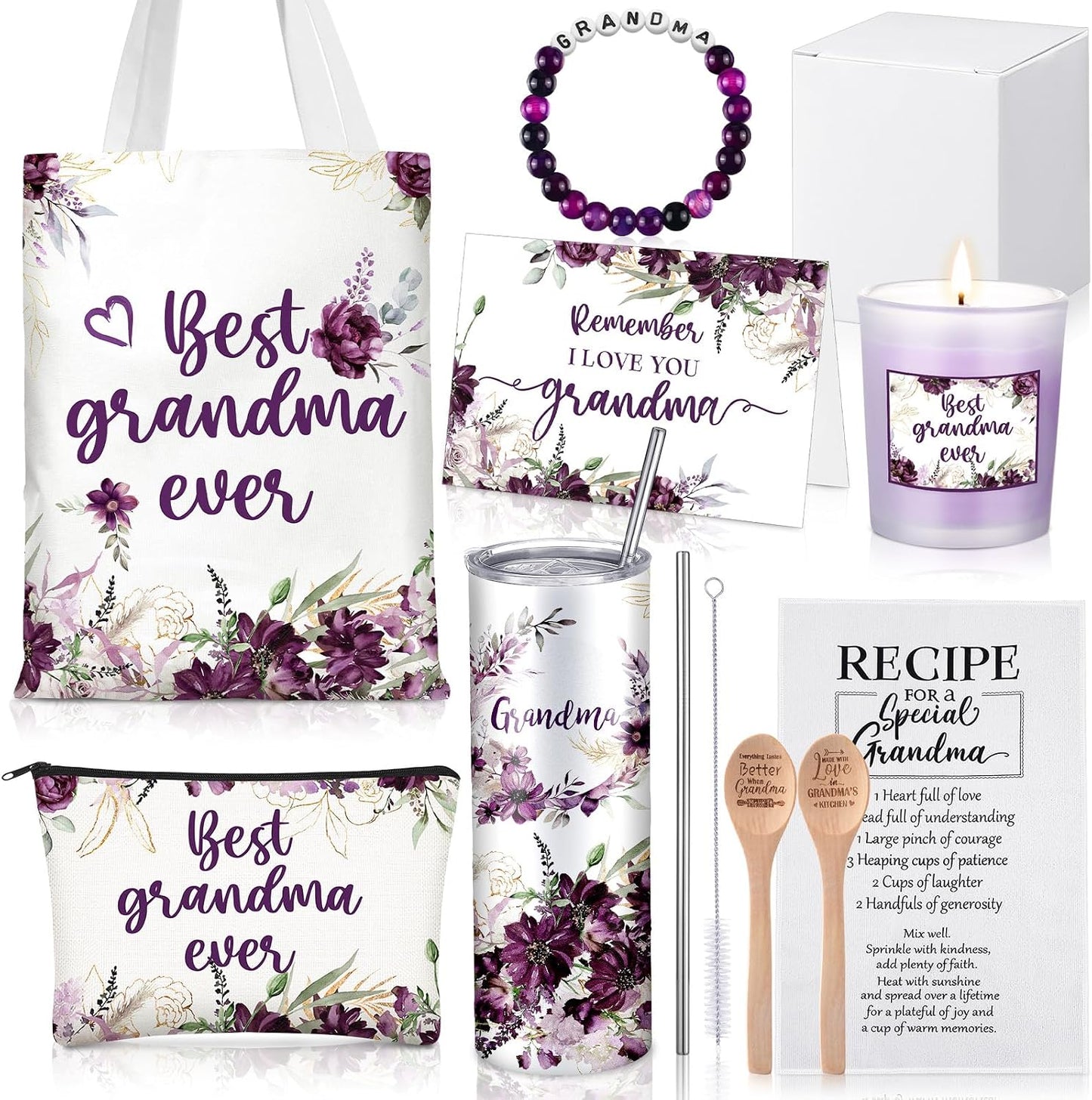 8 Pzas Regalo Abuela Vaso Vela Pulsera Bolsa Morado