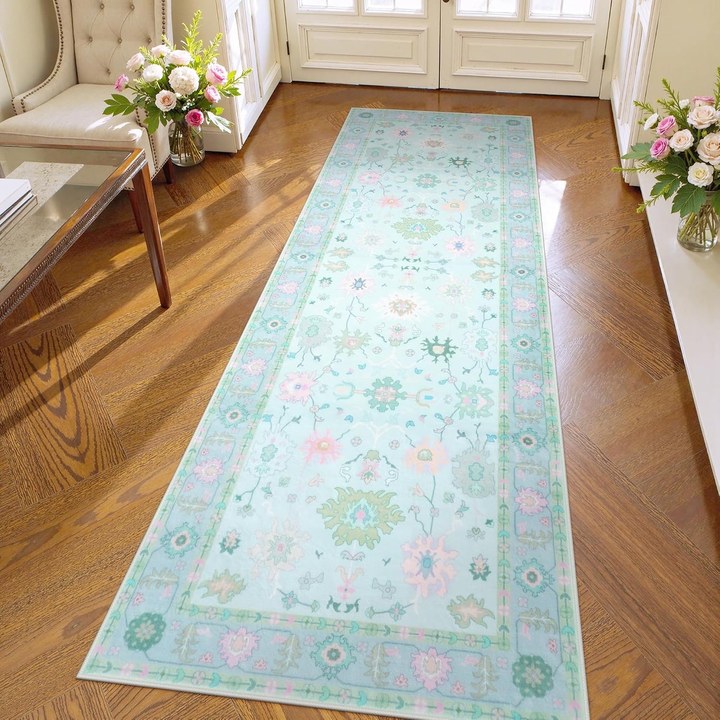 Alfombra Oushak Boho Floral 2x6" Antiderrap