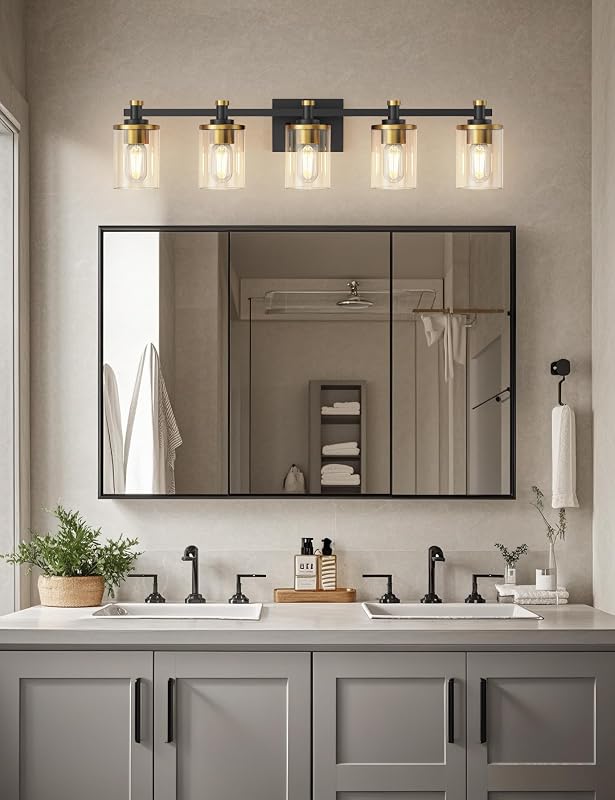 Lámpara baño 5 luces negra dorada vidrio transparente