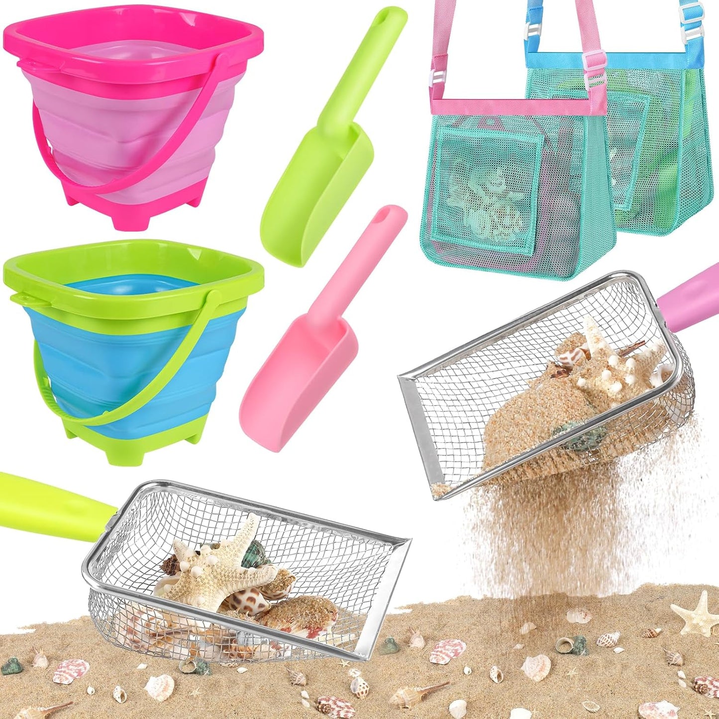 Set recolección conchas playa con cubos plegables