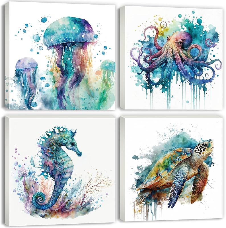 Arte acuarela marino pulpo tortuga medusa decoración baño sala
