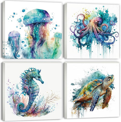 Arte acuarela marino pulpo tortuga medusa decoración baño sala