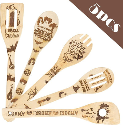 Juego 5 Pzas Utensilios Cocina Madera Bambú Halloween