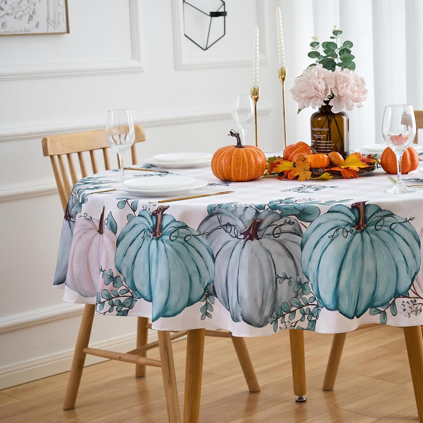 Mantel redondo calabaza azul 60pulg poliéster reutilizable