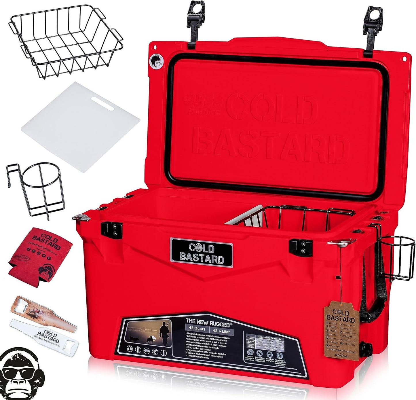 Bastard 45qt Cooler Rugged Rojo Neón con Accesorios