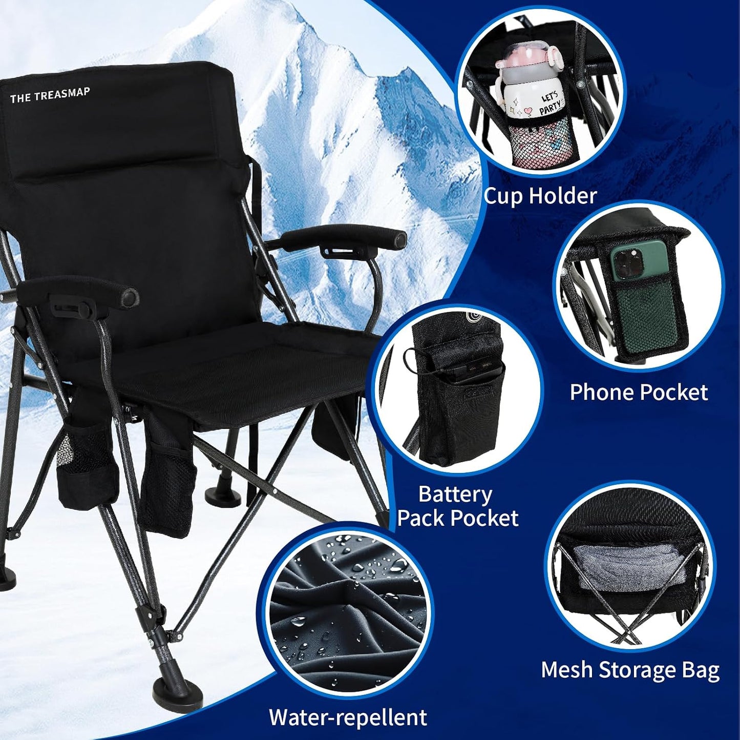 Silla camping plegable con calefacción gran tamaño