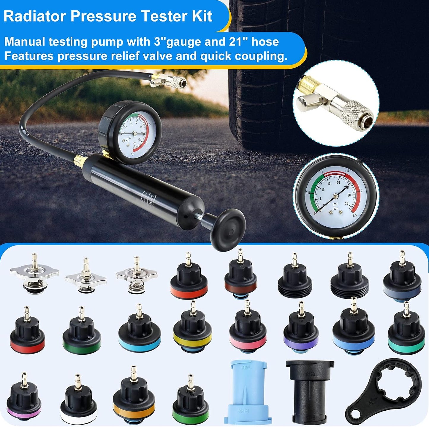 Kit comprobador presión refrigerante automotriz
