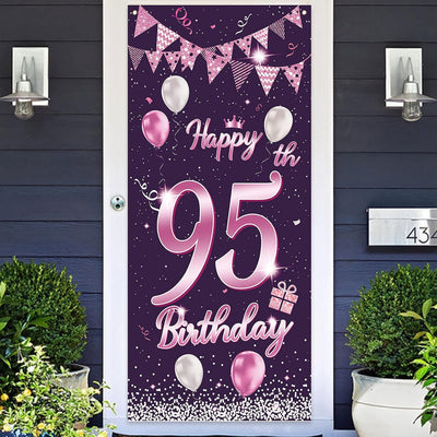 Cartel feliz cumpleaños 95 años rosa morada decoración puerta