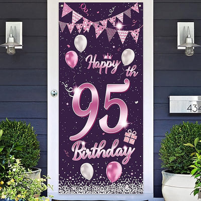Cartel feliz cumpleaños 95 años rosa morada decoración puerta