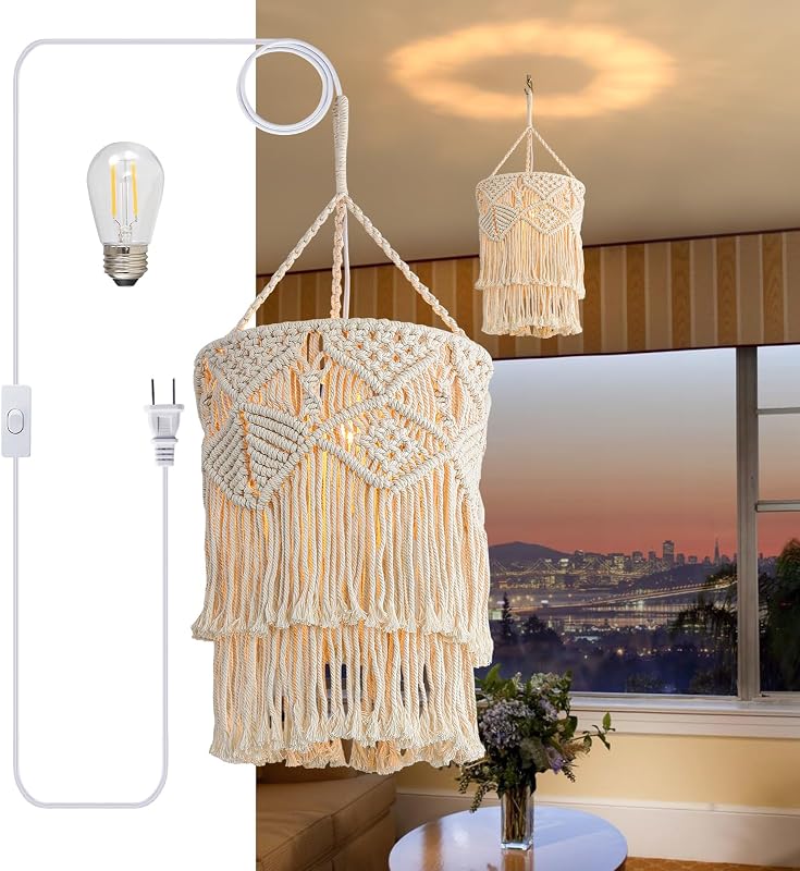 Lámpara colgante boho macramé con enchufe