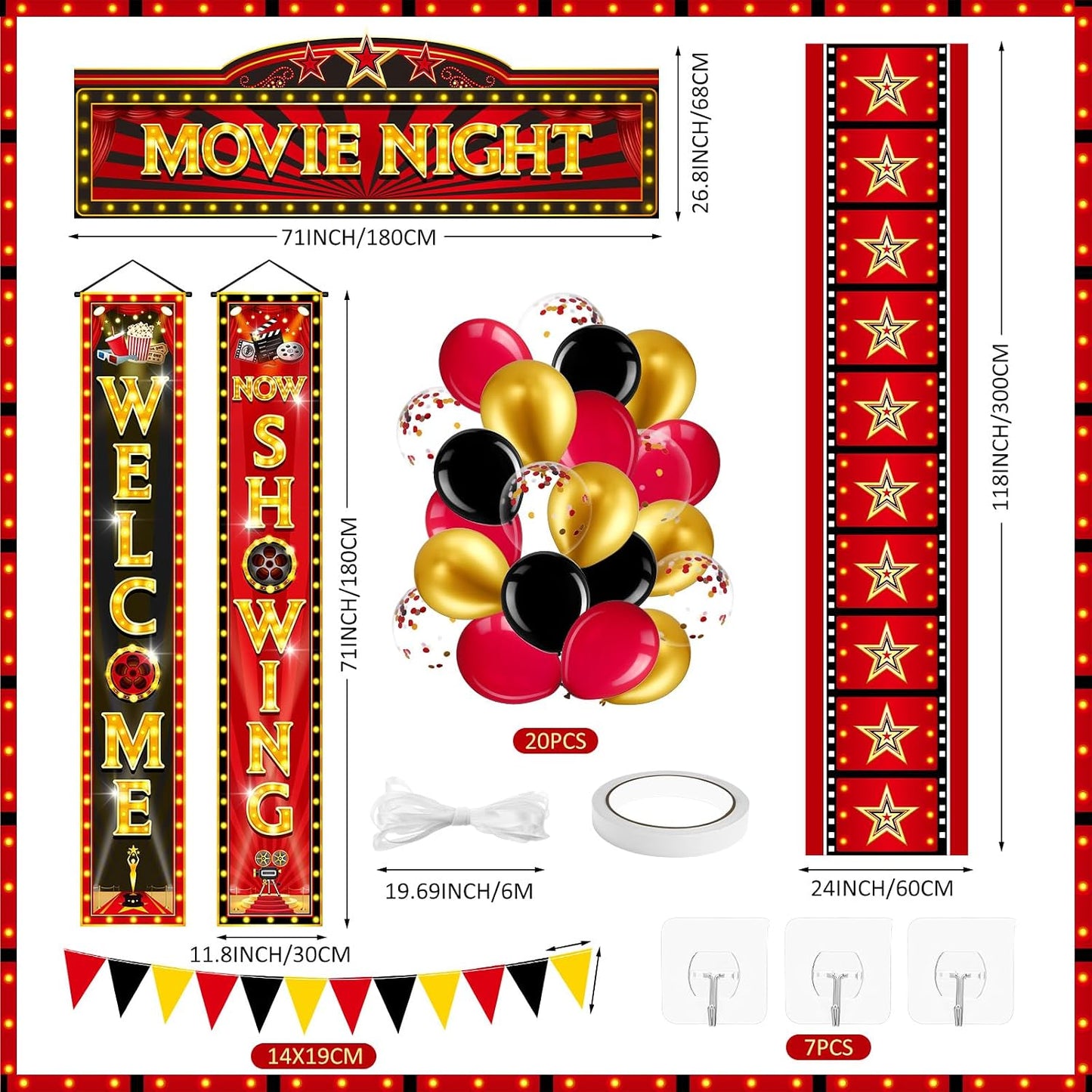 Kit 25 Pzas Decoración Fiesta Cine Letrero Alfombra Roja