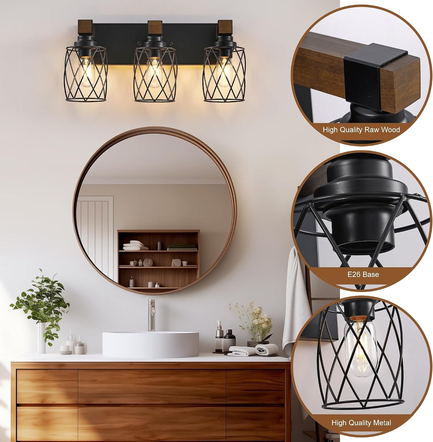 Luz tocad. baño estilo granja 3 luces madera negra metal
