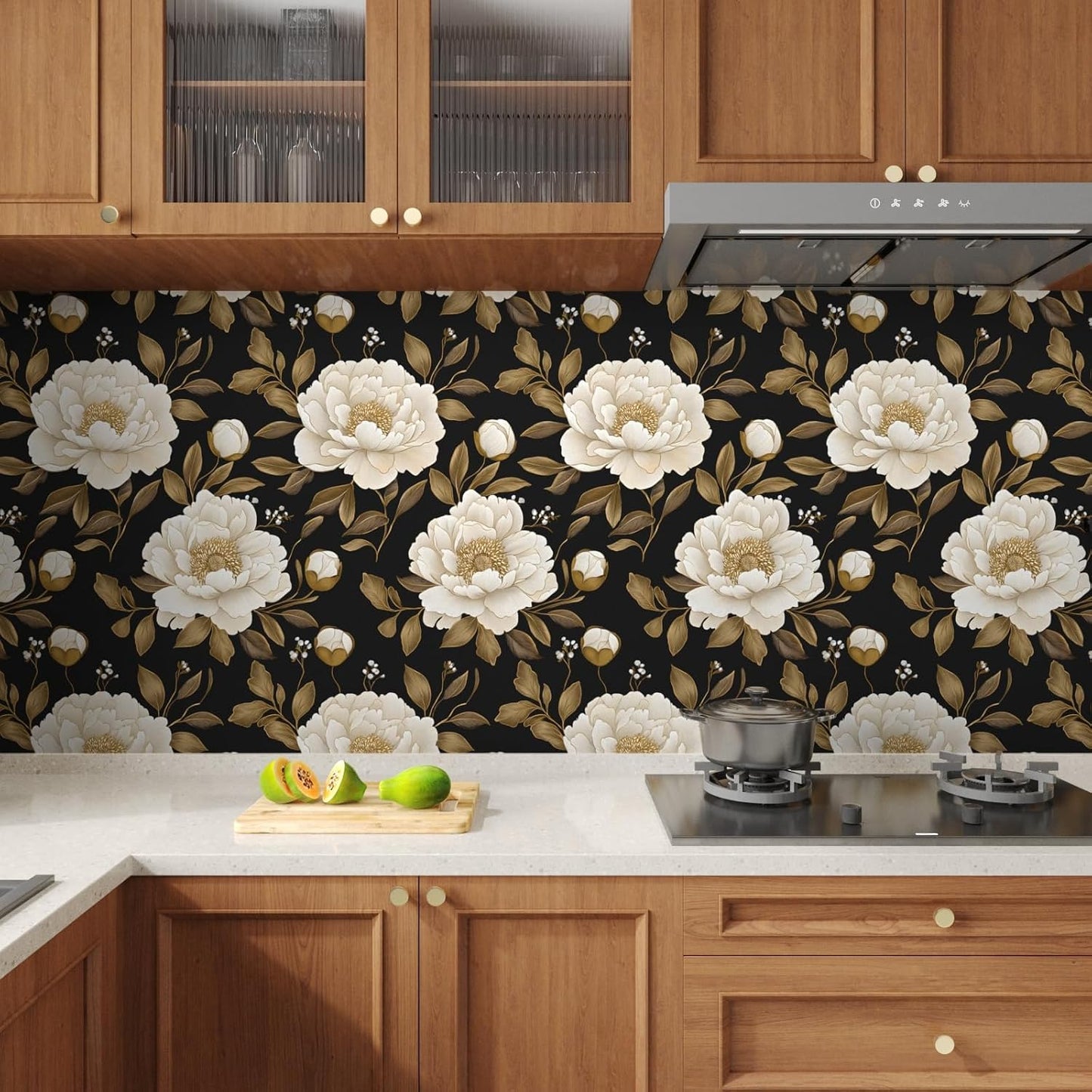 Papel tapiz floral vintage 17.5x118pulg autoadhesivo dorado oscuro