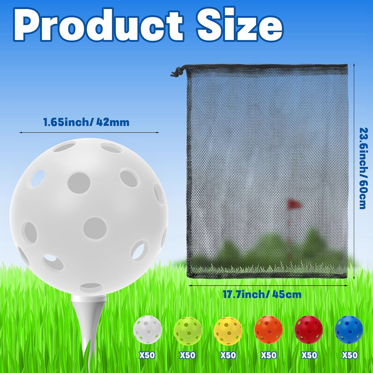Pack 72/150/300 pelotas golf plástico 1.654pulg con bolsa