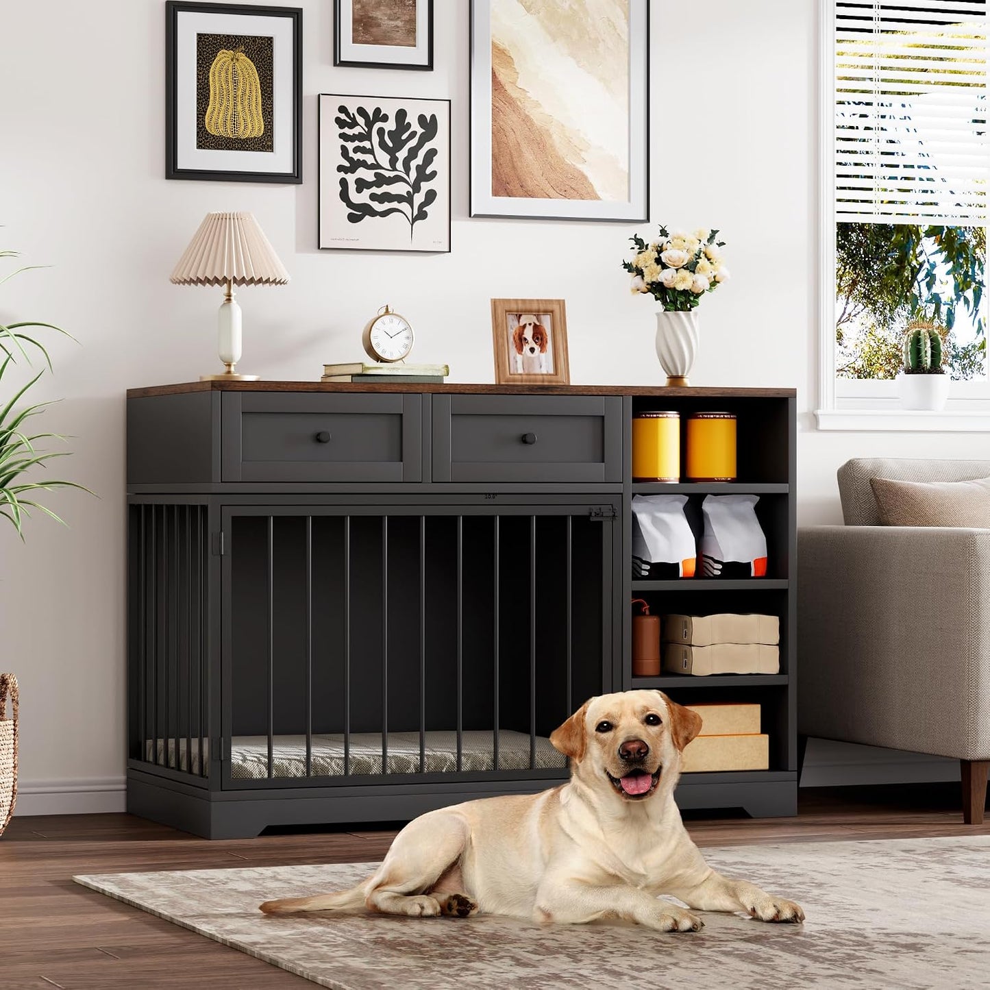 Jaula perros 47pulg madera con TV soporte 2 cajones 4