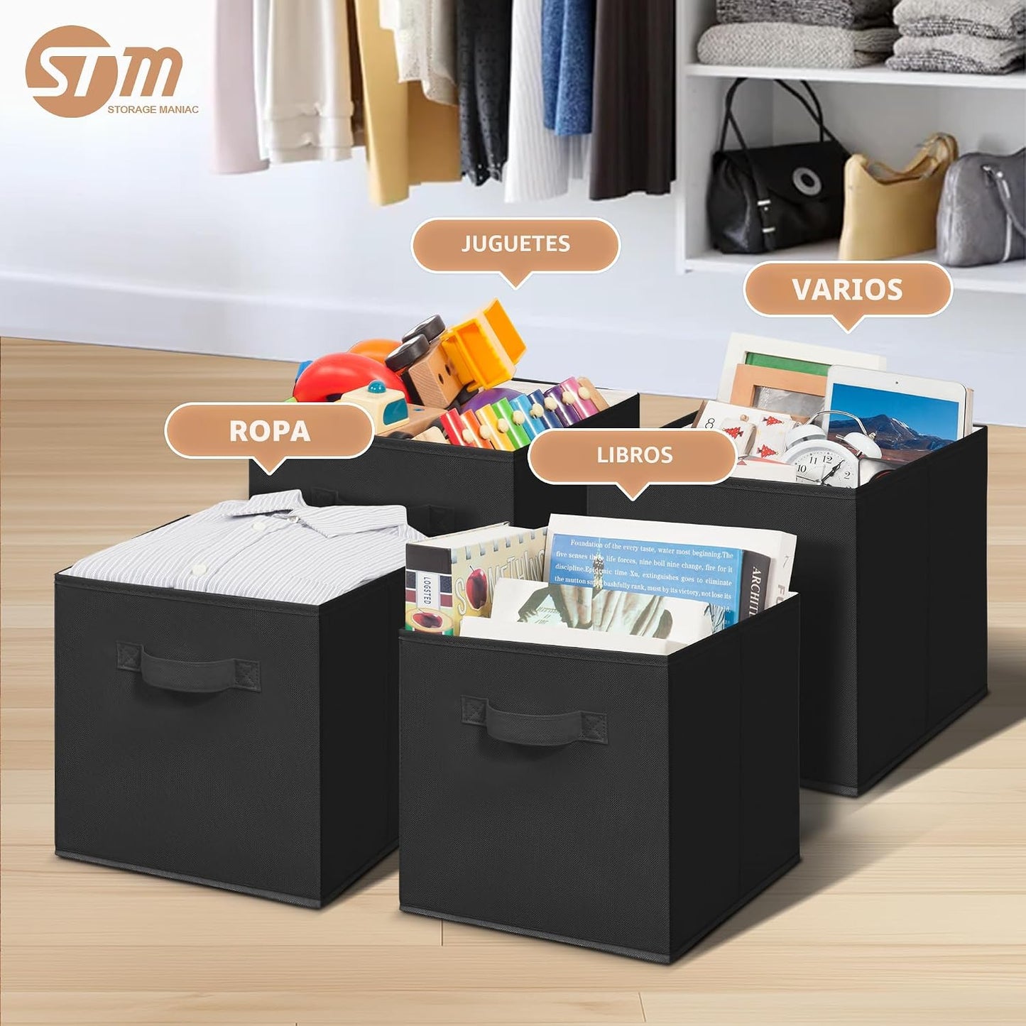 6 Pzas Cubos Almacenamiento 11" Tela Plegables Negro