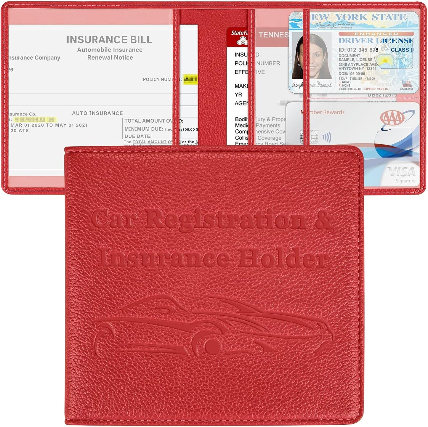 Soporte registro y seguro auto piel sintética cartera roja