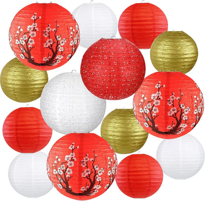 14 Pzas Faroles Chinos Colgantes Rojos Blancos Dorados