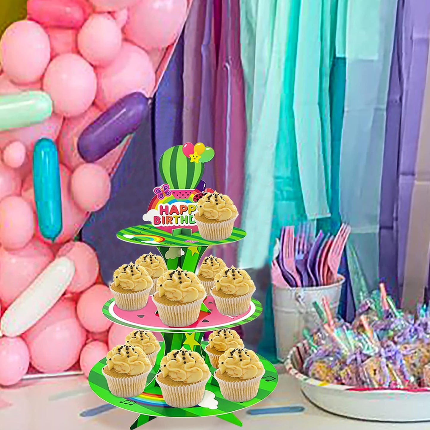 Soporte cupcakes 3 niveles dibujos animados fiesta sandía niños