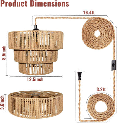 Lámpara colgante rattan con cordón para salón dormitorio cocina