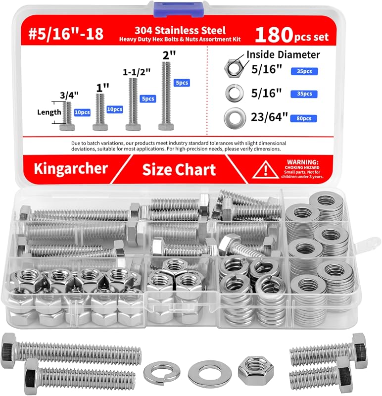 Set 180 Pzas Tuercas y Pernos Acero Inox 304 5/16-18