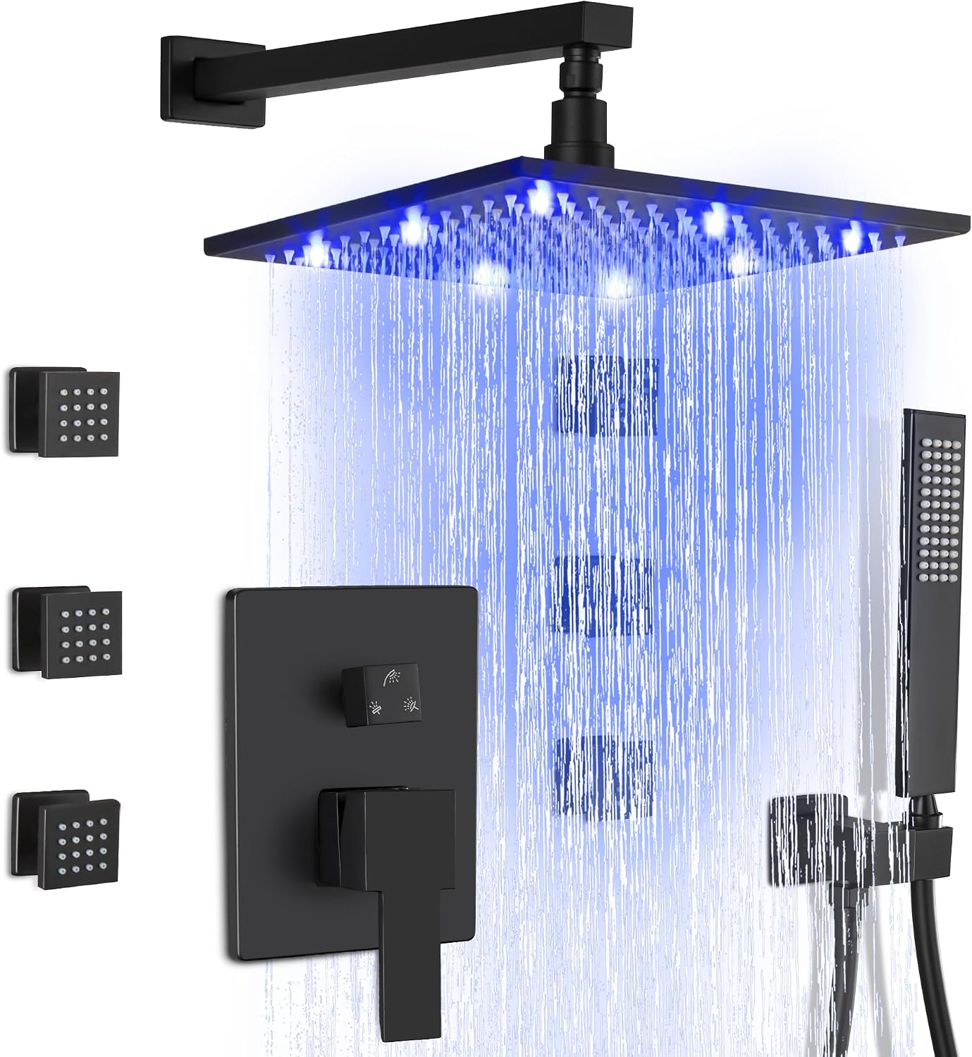Grifo ducha lluvia 12pulg 6 rociadores LED negro mate