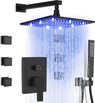 Grifo ducha lluvia 12pulg 6 rociadores LED negro mate