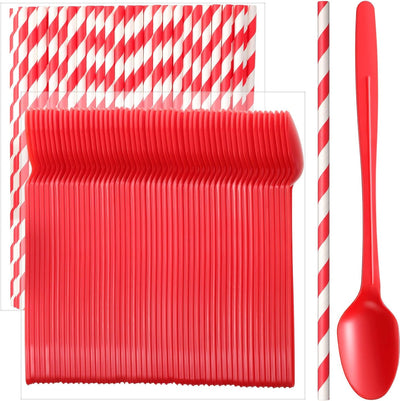 100 Juegos Cucharas Helado 8.27pulg Pajitas Rojas Plástico