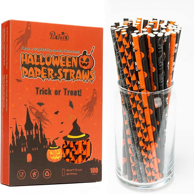 6 Pajitas Halloween Calabaza Murciélago Araña Negro Blanco Naranja