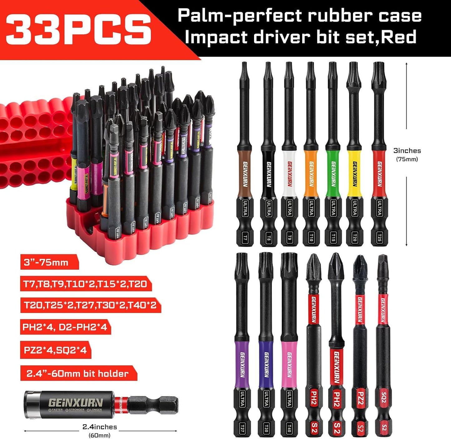 Set 33 Pzas Puntas Destornillador Impacto Acero Roja