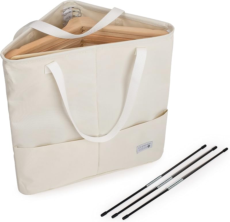 Bolsa organizadora para colgar ropa con asas beige y blanco