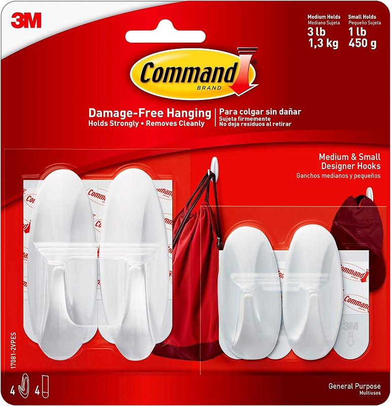 Pack ganchos diseño blanco 2 pequeños 2 medianos 4 tiras