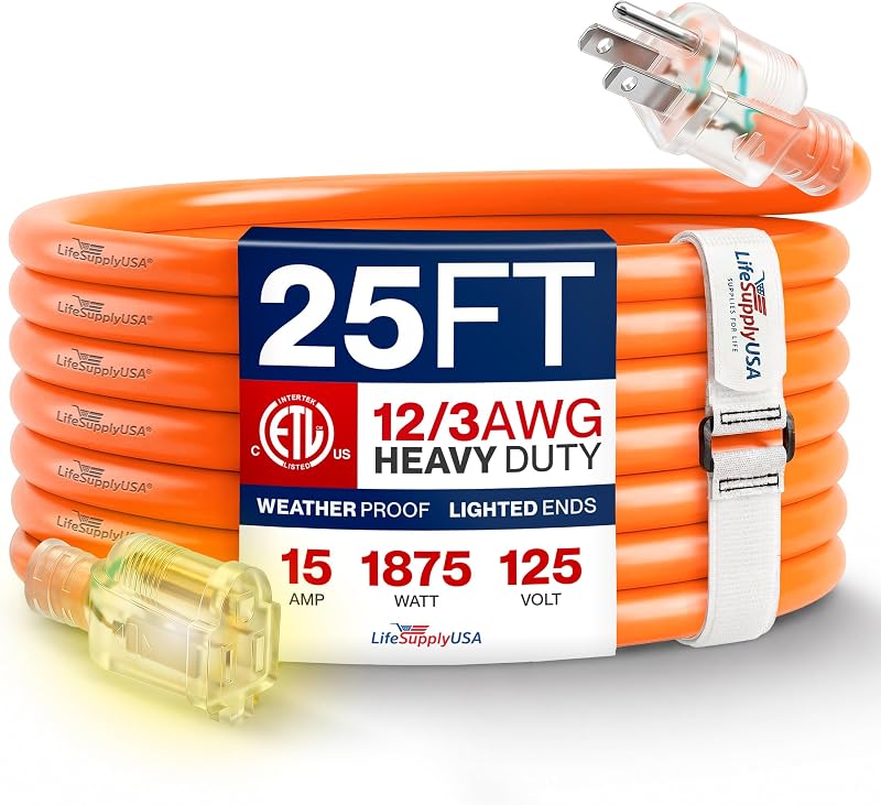 Cable extensión 25ft 12/3 SJTW impermeable 15A 125V naranja