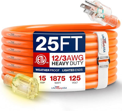 Cable extensión 25ft 12/3 SJTW impermeable 15A 125V naranja