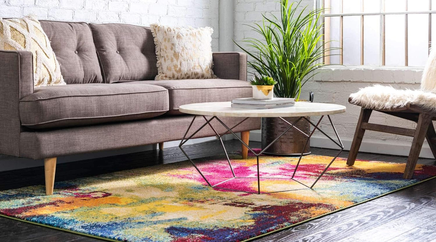 Alfombra área abstracta acuarela moderna 5x8ft multi/beige