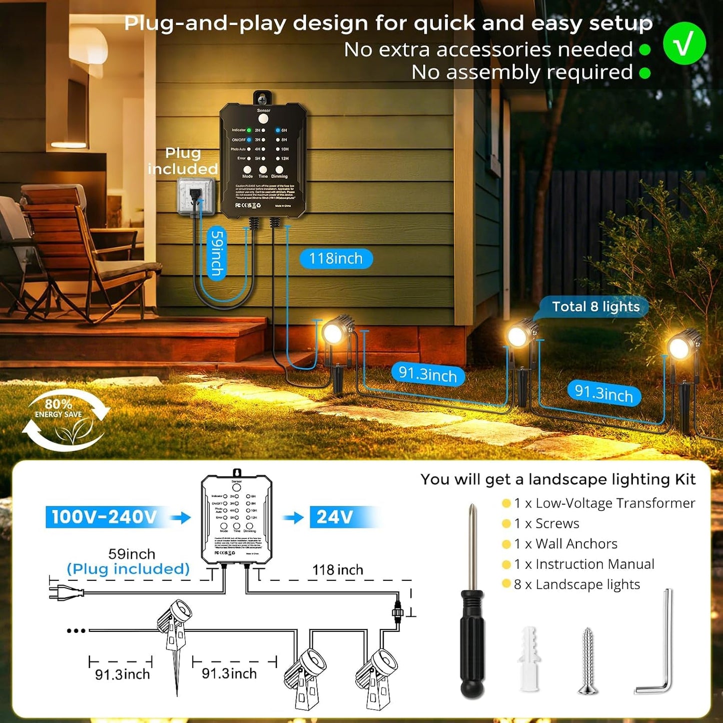 Kit 8 luces paisaje led impermeables blanco cálido exterior