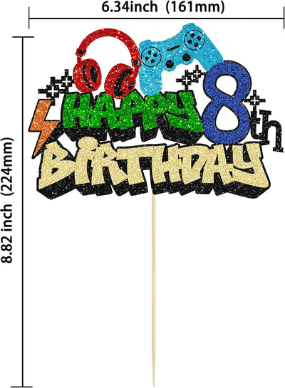 Decoración pastel videojuegos 8vo cumpleaños purpurina