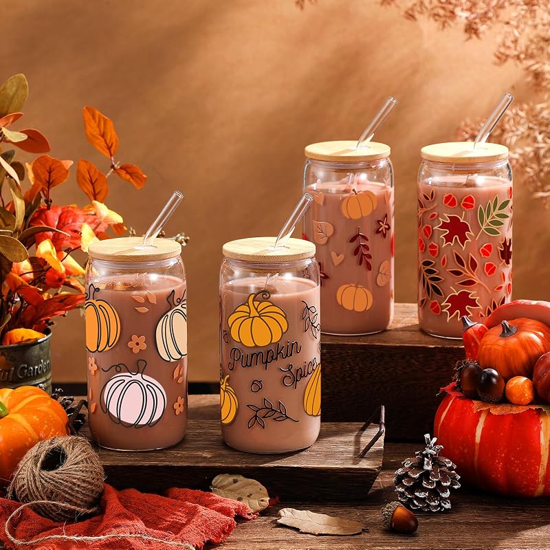 4 Pzas Tazas Vidrio Otoño con Tapa Popote 16oz
