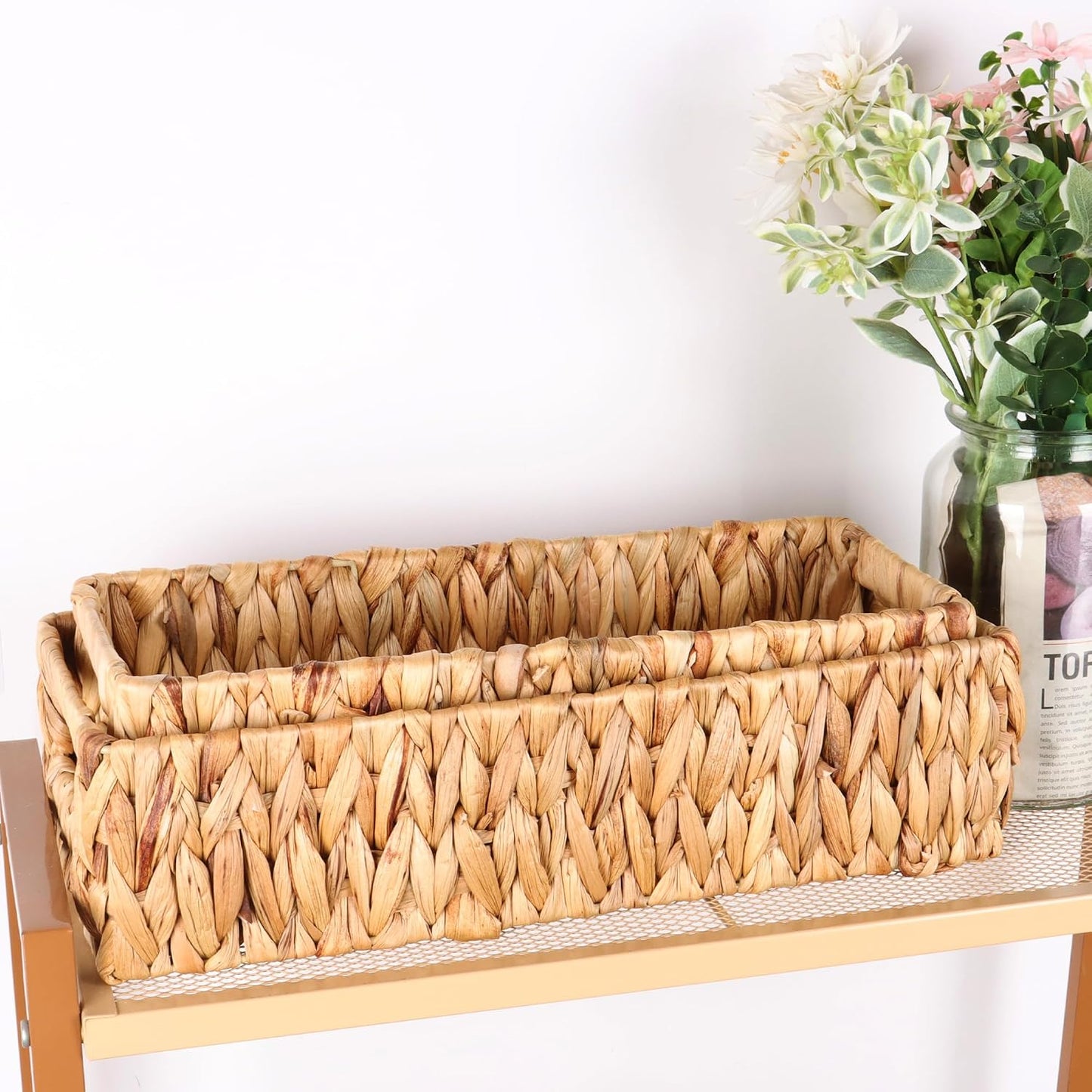 Cesta mimbre asa para organizar encimera bohemio rectangular