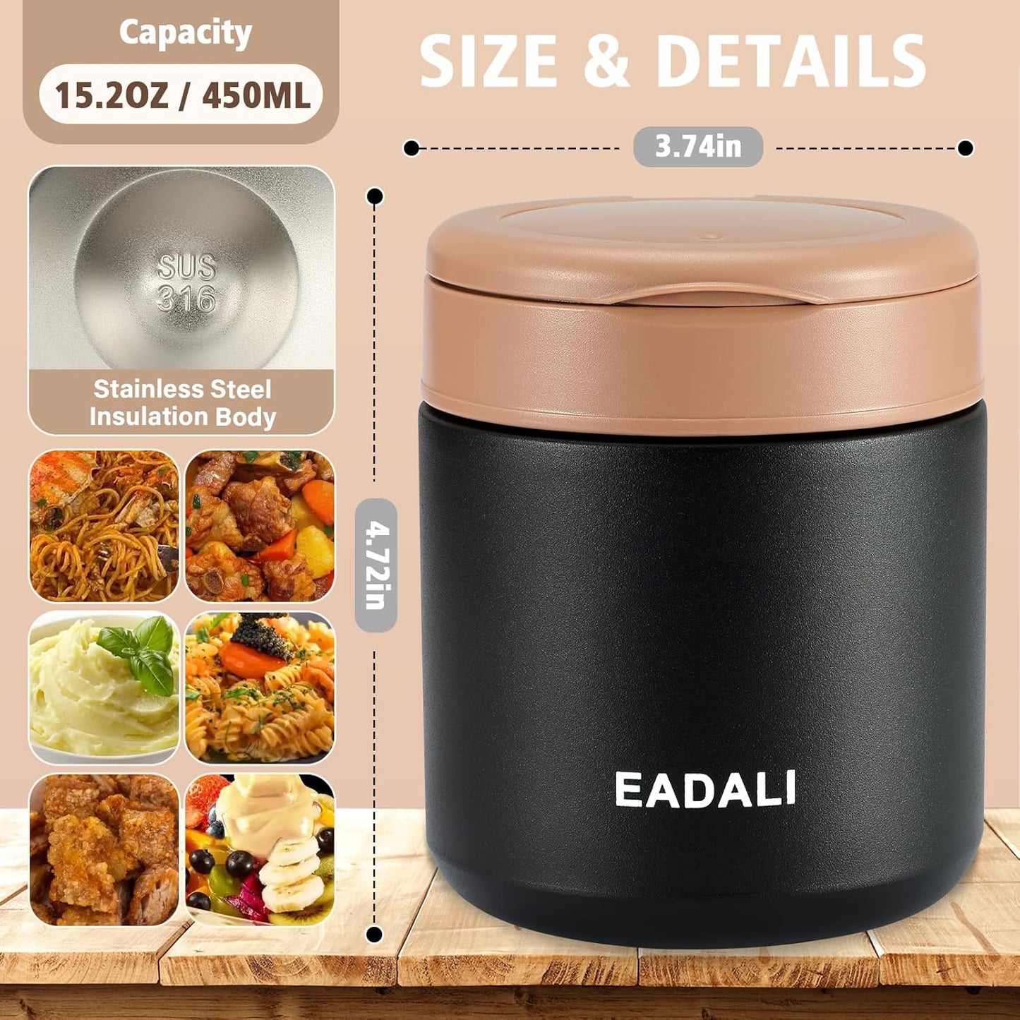 Tarro comida niños 15.2oz acero inox 316 aislado con cuchara