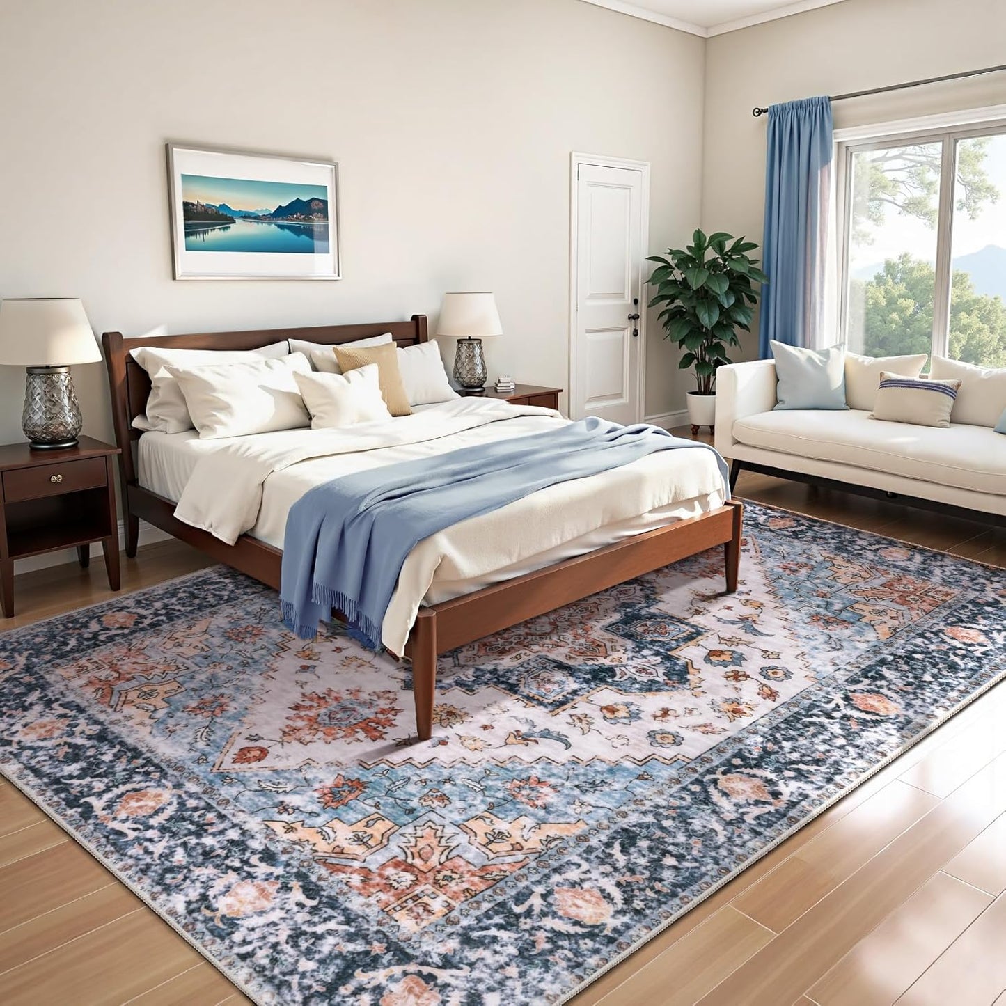 Tapete lavable antiderrap bohemio 6x9ft azul naranja