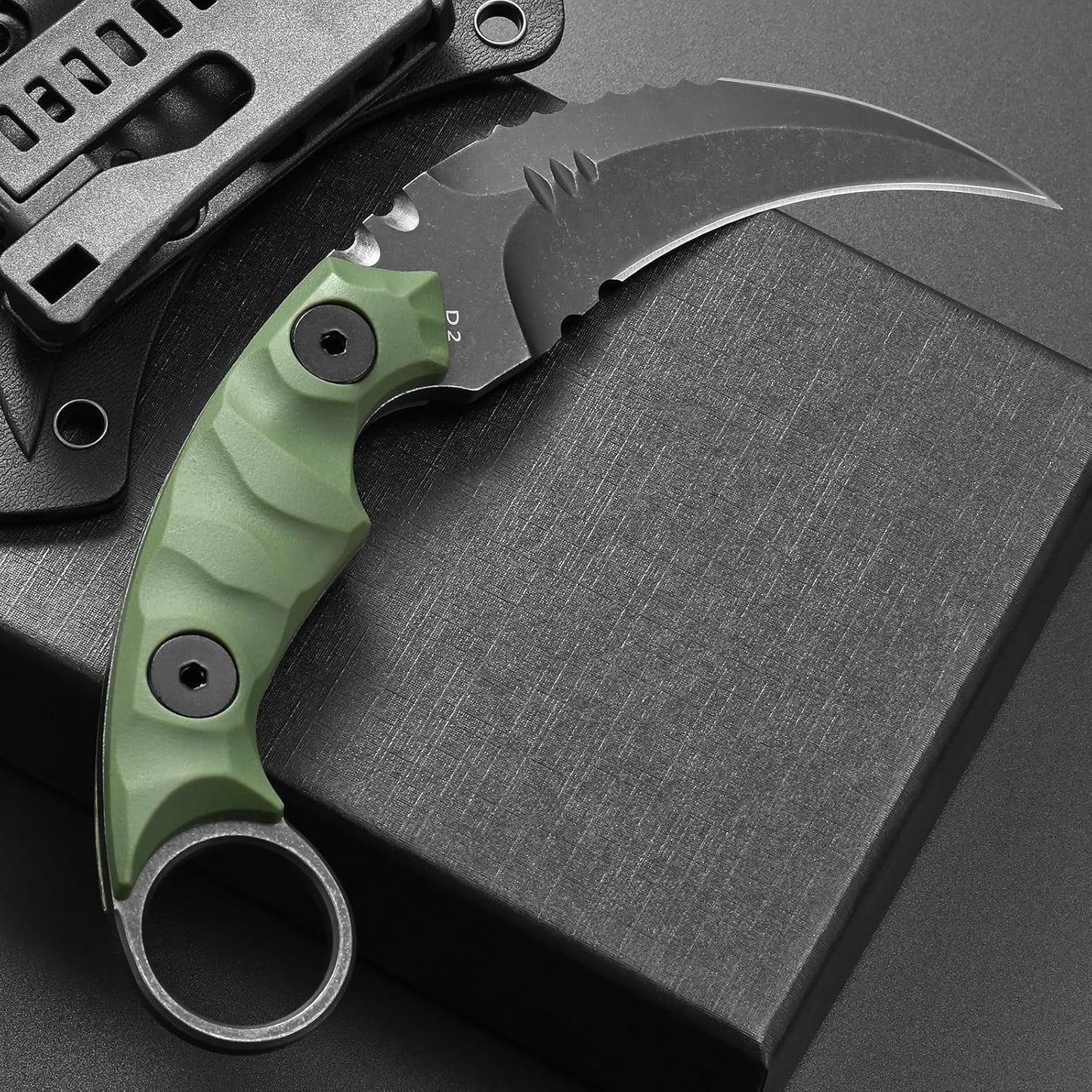 Cuchillo D2 acero fibra vidrio Kydex verde EDC