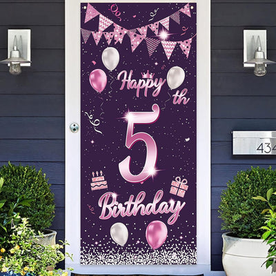 Cartel feliz 5º cumpleaños globos decoración puerta