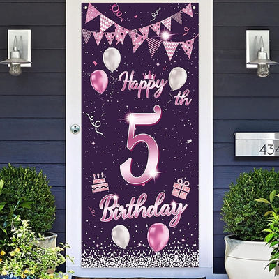 Cartel feliz 5º cumpleaños globos decoración puerta