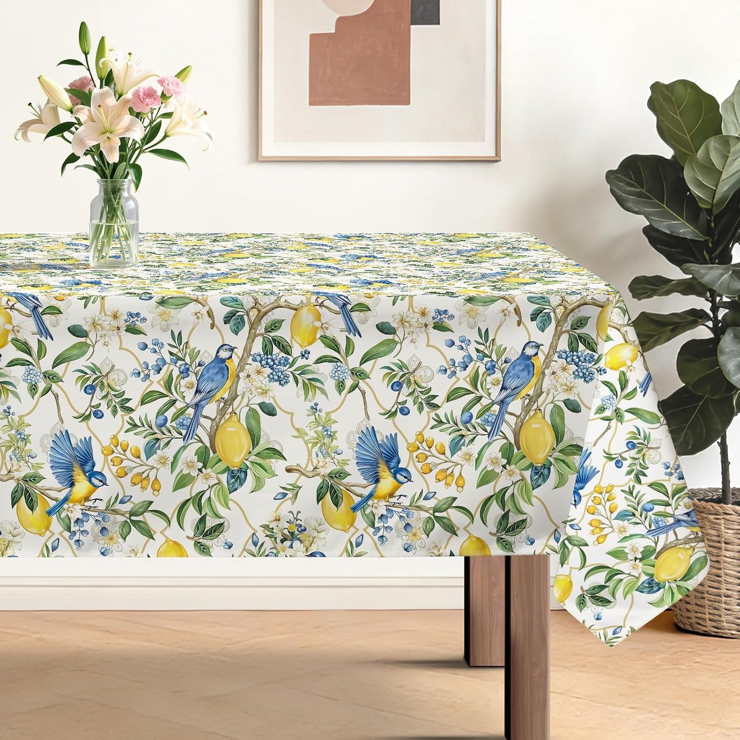 Mantel rectangular verano azul limón pájaros poliéster 55x
